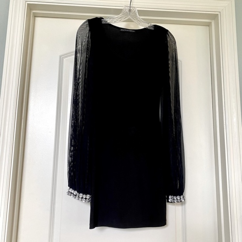 SYMPHONY - Black Bodycon Dress with Mesh Sleeves and Crystal Wrist Detail!